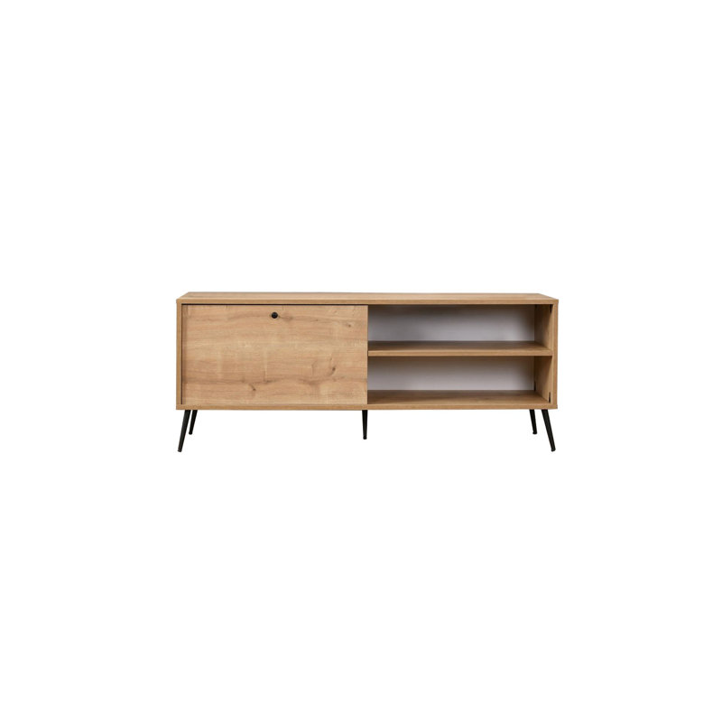 Modern Oak TV Stand with Soft-Close Doors, 21.7 x 55.1 x 16.1 inches | 100% Melamine Coated Chipboard & 100% MDF | Metal Legs, Wall-Mountable, Additional Storage, Numerous Shelves | Scandinavian Design for Living Room & Entertainment Spaces