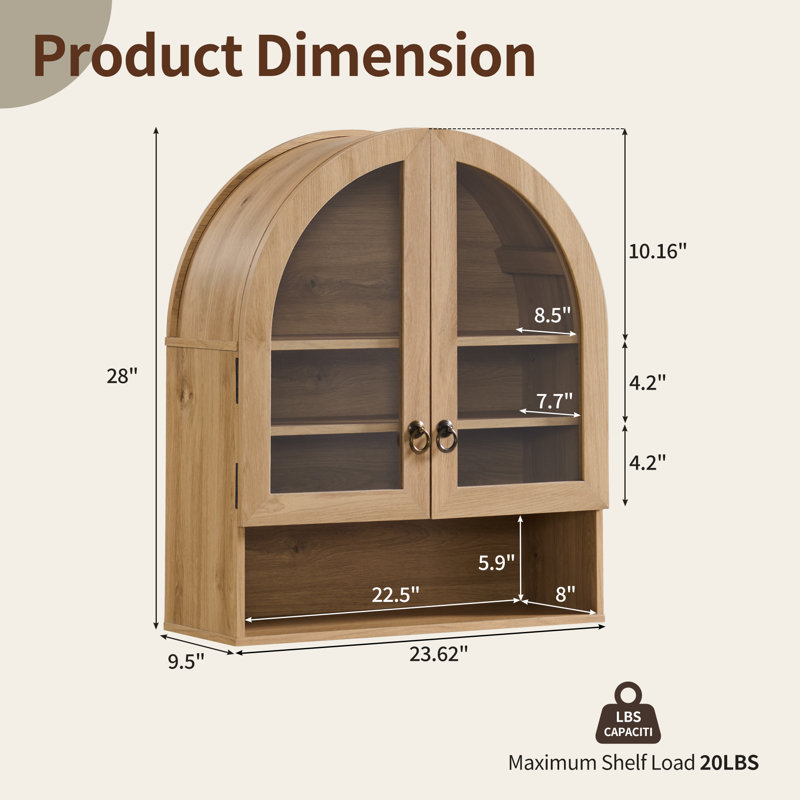  Ahart Bathroom Arched Wall Cabinet with 2 Glass Doors & Open Shelf, 23.6'' Wide Over The Toilet Storage Wall Mount Cabinet