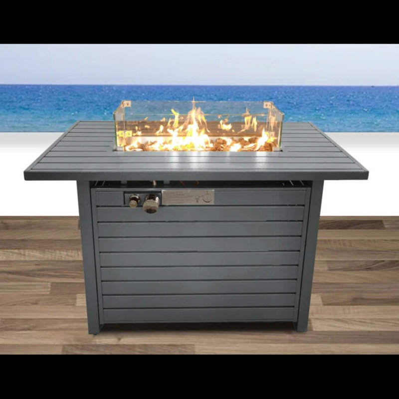 Gray Steel Propane Fire Pit Table with Glass Guard