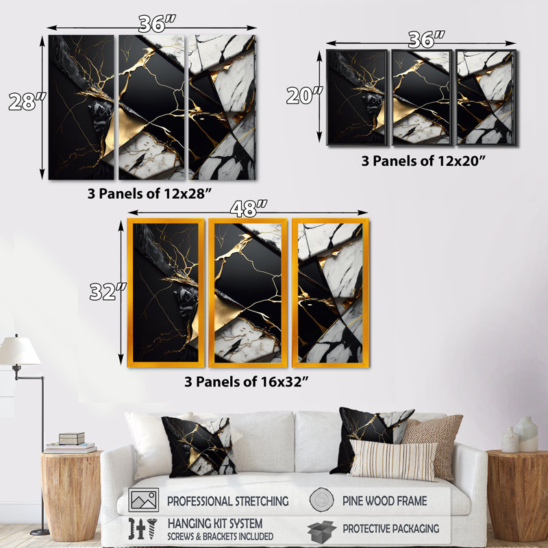 «Abstract Geode Gold IV», reproduction sur toile flottante 3 pièces, Noir, H 28 po x l 36 po x P 1 po