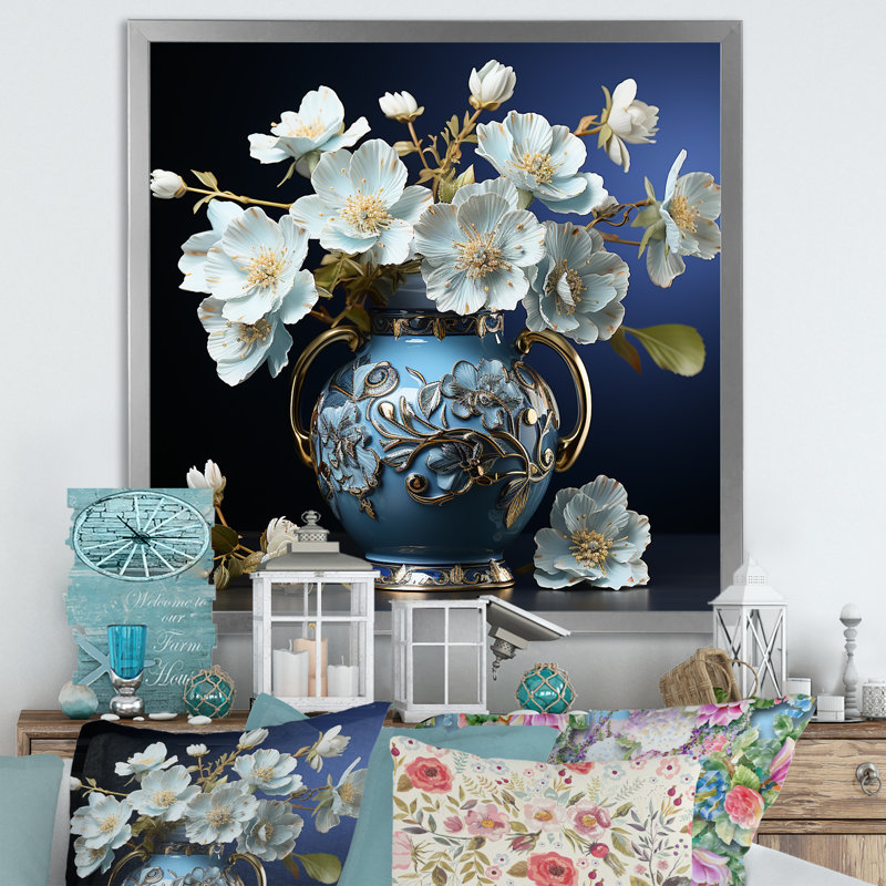 Arrangement de fleurs d'hibiscus blanc sur toile, Cadre simple argenté, H 16 po x l 16 po x P 1 po