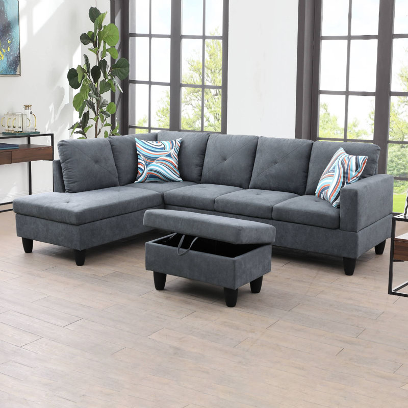 Halid Wide Sofa & Chaise with Ottoman, Right Hand Facing, Black Gray Linen