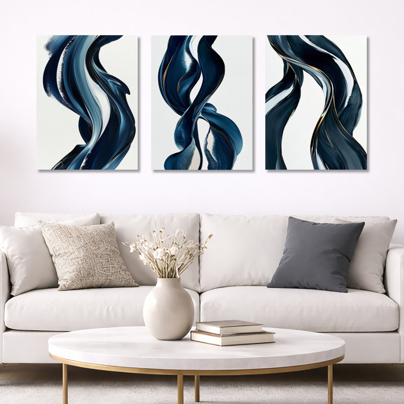 Luminous Spiral Prism Fractal Waves - Blue Abstract, art mural encadré 3 pièces, Wrapped Canvas, H 32 po x l 72 po