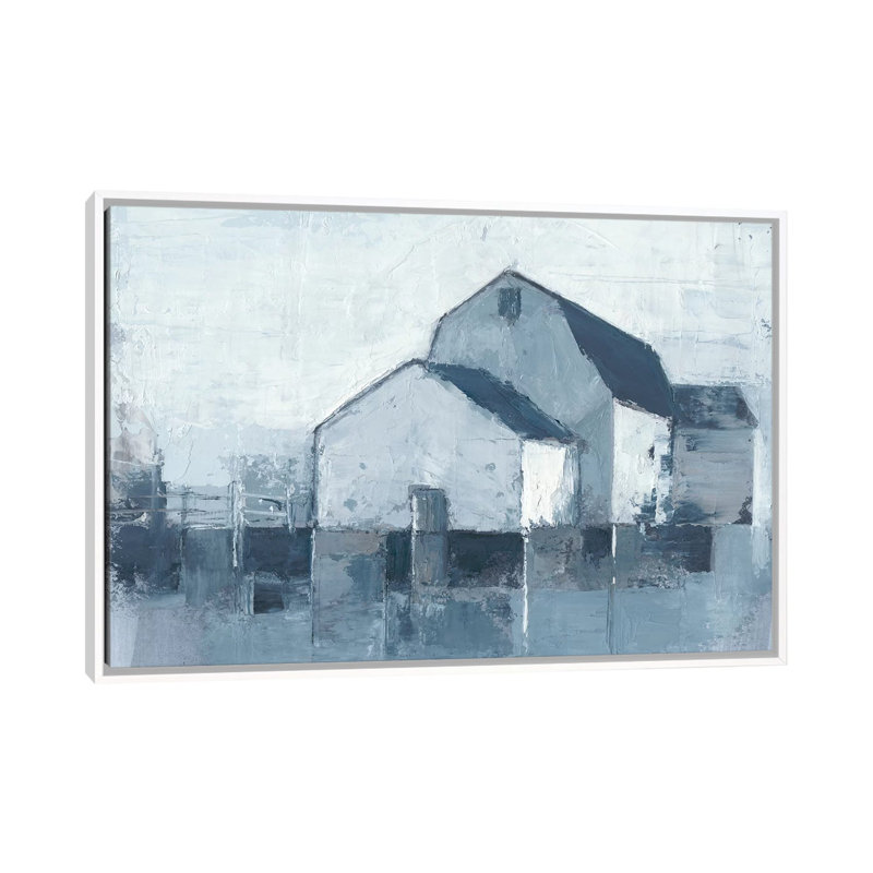 "Indigo Barns II" par Ethan Harper, reproduction d’art, H 18 po x l 26 po x P 1,5 po, Toile blanche encadrée, Pas de tapis