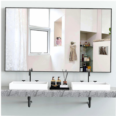 60*36" Extra Large Modern Rectangular Bathroom Mirror, black frame decorates large wall mirror, bathroom, living room, bedroom vertical or horizontal wall-hanging mirror, aluminum frame