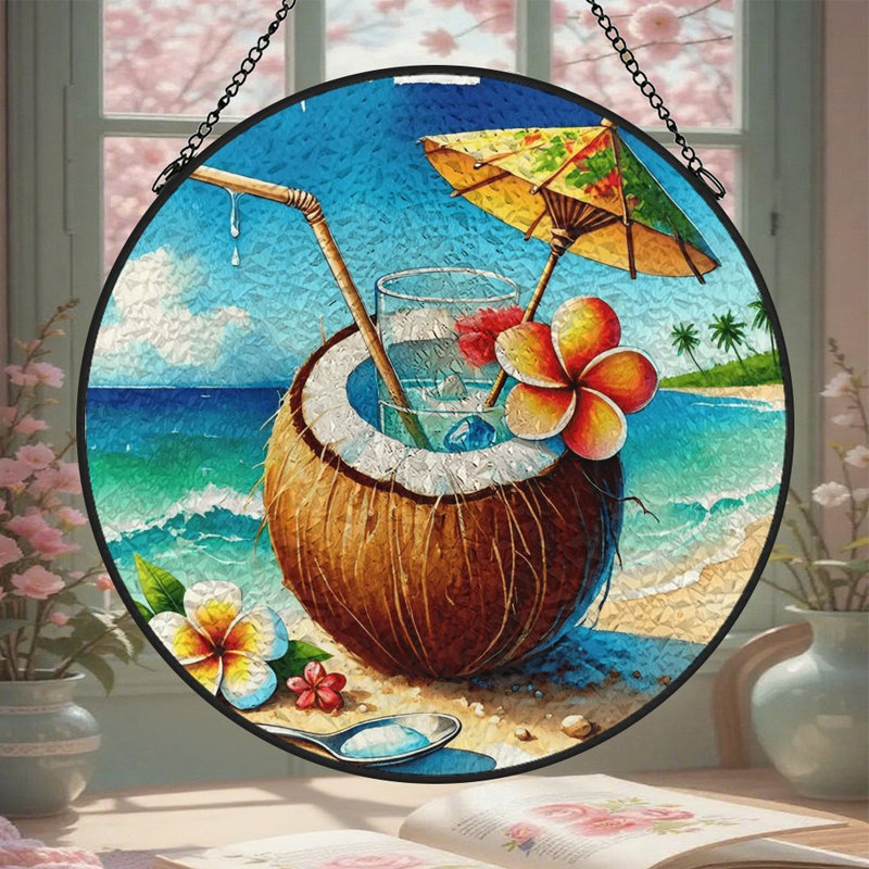 Panneaux en vitrail attrape-soleil « Boisson à la noix de coco » pour la décoration de fenêtre, 7,8 x 7,8 po (20 x 20 cm)