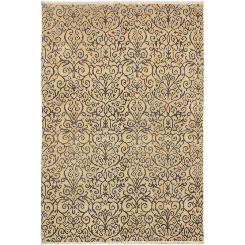 Tapis gris / ivoire damassé en laine noué à la main 5 pi 1 po x 7 pi 2 po Damask