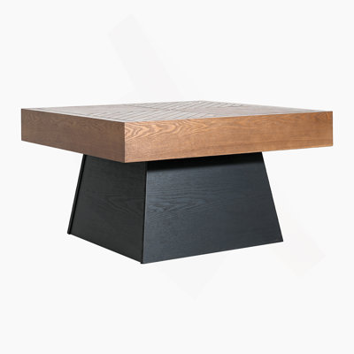 Table basse moderne carrée 31,5 po pour le salon, plateau en grain de bois brun et base noire, table d'appoint de style maison de campagne de style Mid-Century