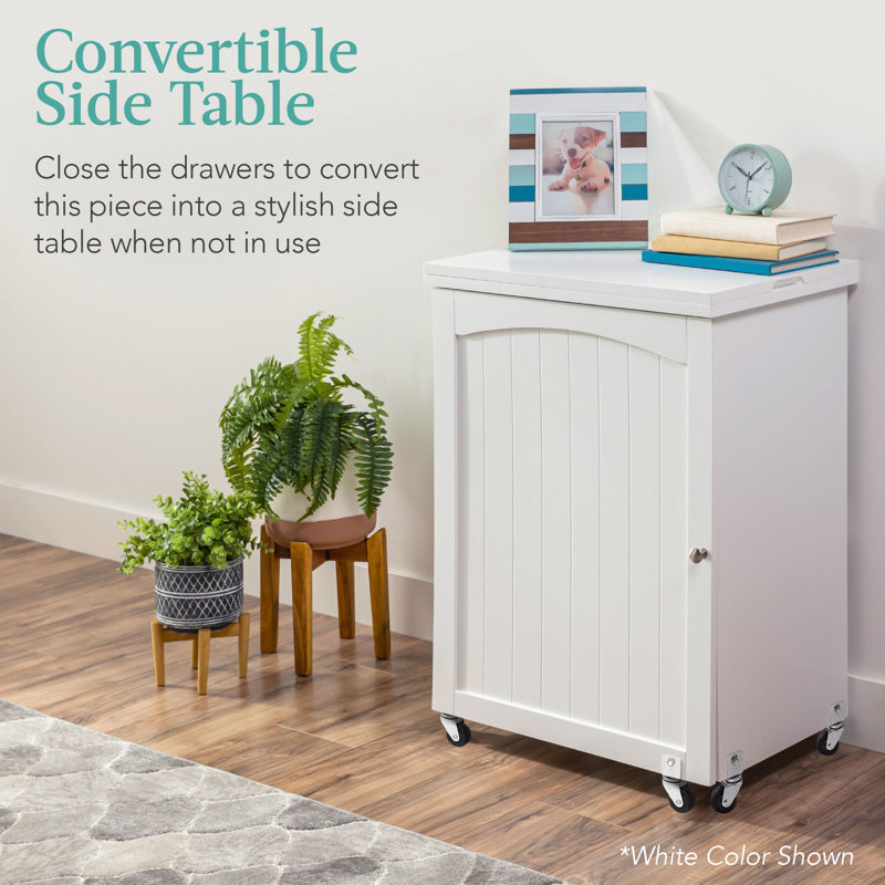 Gray Folding Sewing Table with Storage and Wheels
