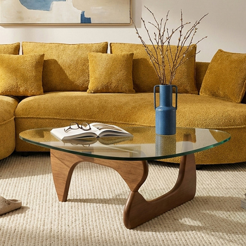 Noguchi-Style Mid-Century Modern Glass Coffee Table With Curved Wood Base, Brown