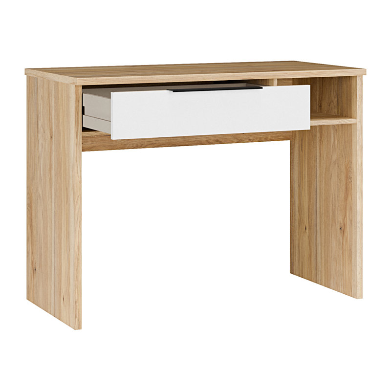 Contemporary desk with drawer and open compartment, small footprint, office, engineered wood, warm oak decor/white, 101 cm W x 75.5 cm H x 49.6 cm D