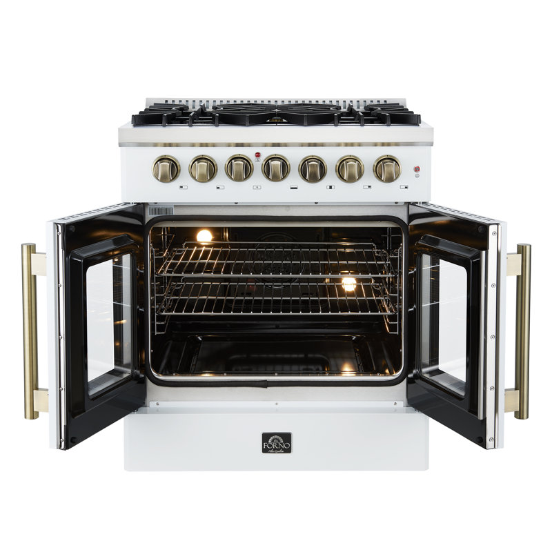 Cuisinière à double foyer à combustion double 30 po Galiano, blanc ou noir et laiton antique, four à convection véritable 4,32 pi³
