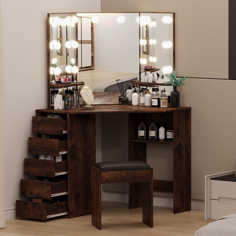 Bureau de meuble-lavabo avec miroir et lumières - meuble-lavabo avec 3 options d'éclairage, luminosité réglable, ensemble de meuble-lavabo avec 5 tiroirs coulissants, tablettes et tabouret