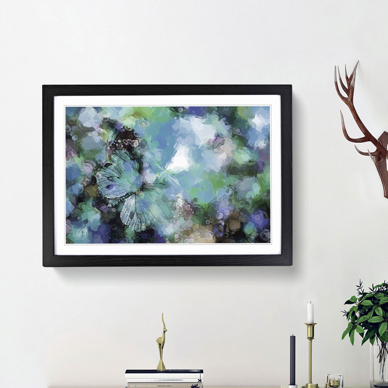 Butterfly upon a Flower in Blue in Abstract - Picture Frame Painting Print, Black Framed, 27cm H x 36cm W x 2cm D