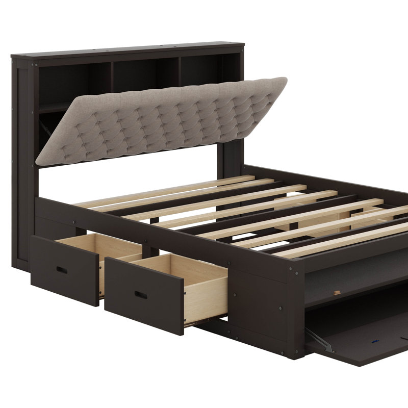 Grand lit avec tête de lit tapissier avec rangement, étagère à chaussures et 4 tiroirs, cadre de lit plateforme en bois