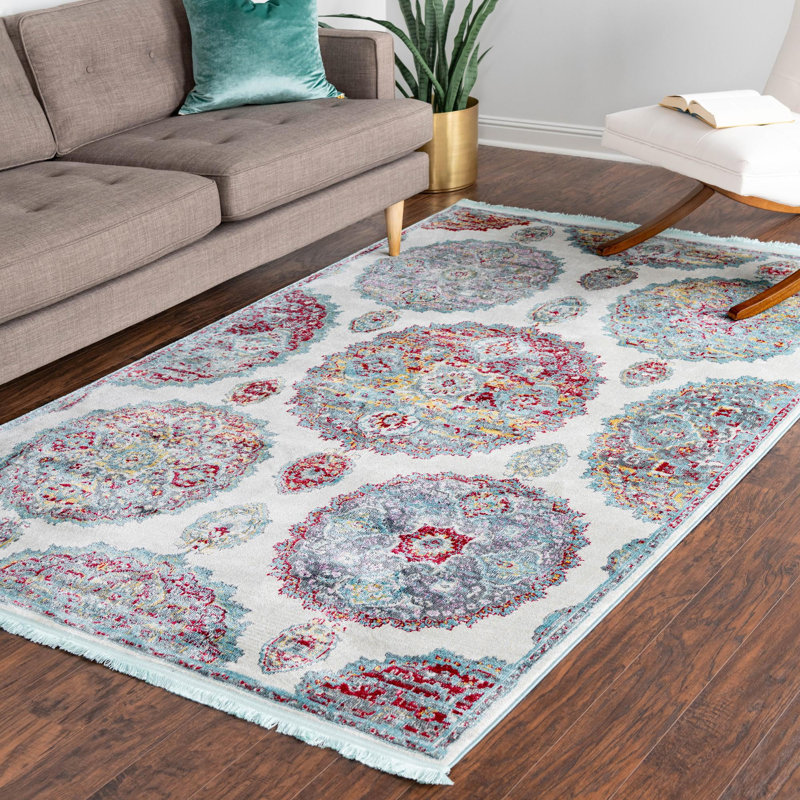 Tapis floral en polypropylène tissé à la machine ivoire / bleu / rouge, Rectangle 5 pi 5 po x 8 pi