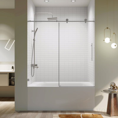Portes de douche coulissantes simples sans cadre à fermeture en douceur l 56 à 60 po x H 60 po, porte de douche coulissante pour salle de bain, porte en verre trempé Sgcc de 5/16 po (8 mm) d'épaisseur, nickel brossé