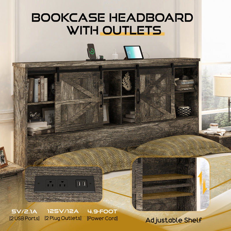 Rustic Brown Full Size Wood Platform Bed with Bookcase Headboard and Storage