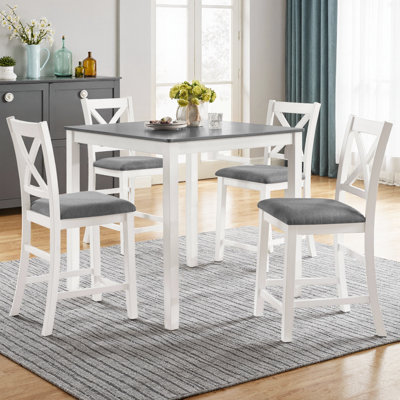 Marvello 5-Piece Counter Height Dining Set – 34.5” Square Wood Table with 4 Chairs for Small Spaces, Two-Tone Black & Oak – Farmhouse 4-Person Dinette for Kitchen, Dining Room – X-Back Chairs, Space-Saving