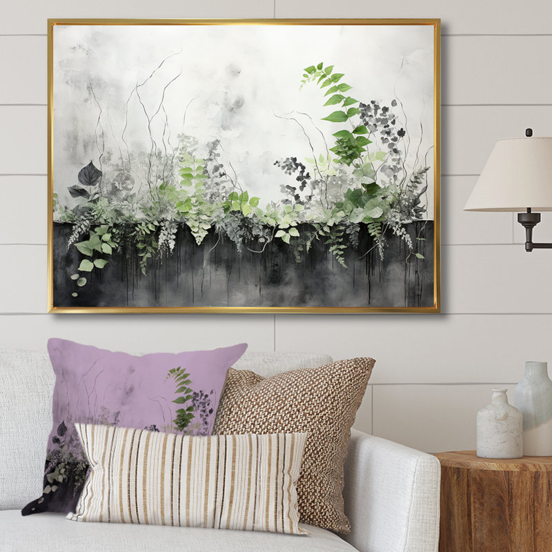«Green Minimalisme Botanical Serenity - Plants», art mural, H 30 po x l 40 po x P 1,5 po, Cadre flottant doré
