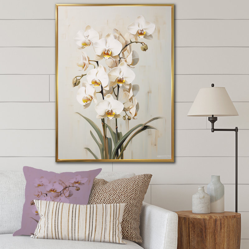 Orchidées beiges tranquillité IV, H 32 po x l 24 po x P 1 po, Cadre flottant doré