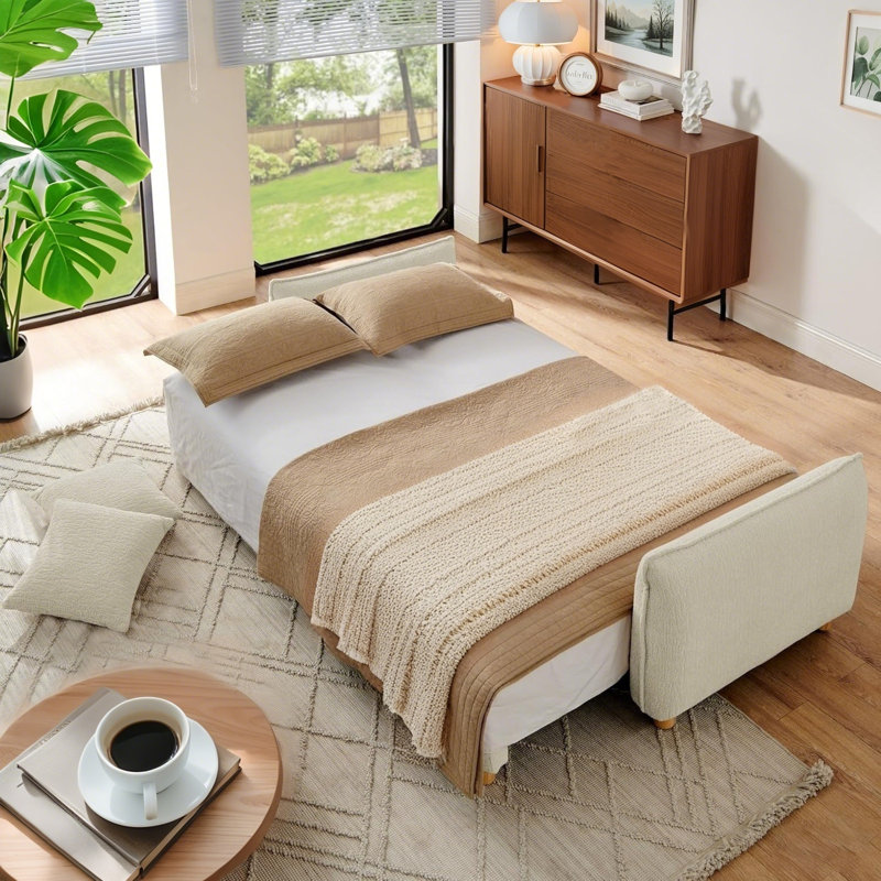 90.15" Queen size upholstered Multi-functional convertible sleeper sofa with storage, Beige