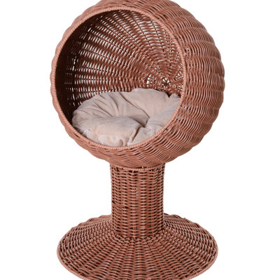 Elevated Cat Bed With Rotatable Pod And Thick Cushion, Natural Mat Grass House, Brown Basket Egg Chair Cozy Cushion Padding, House