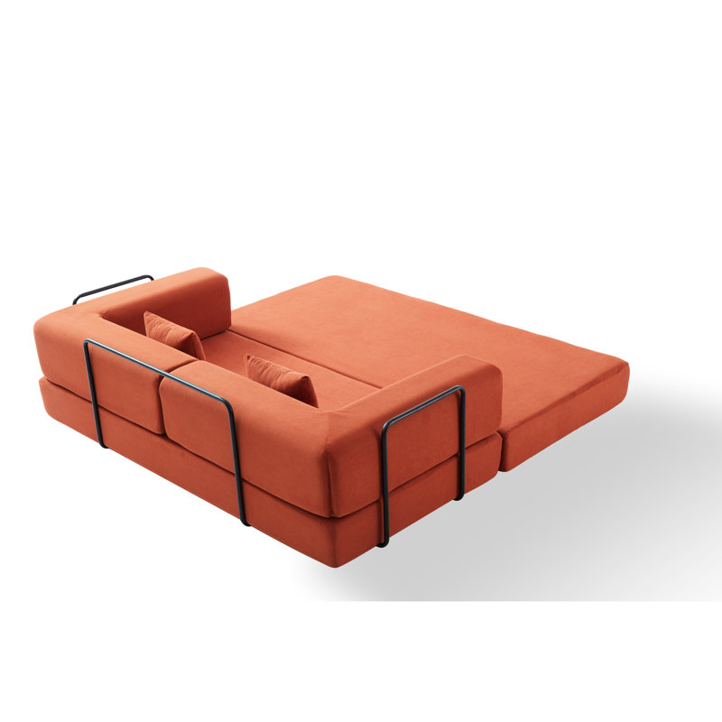Lit en velours côtelé orange à 3 places avec structure de forme fixe, coussin cylindrique, canapé de plancher pour le salon, mousse à mémoire de forme douce, dossier coussiné, salon à délicatesse, accoudoirs carrés à haute densité, décontracté