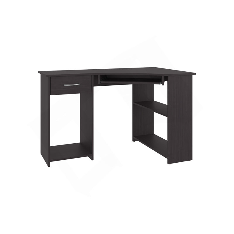 Jasper Corner Desk, Space-Saving L-Shaped Design With Two Side Shelves, Black And Dark Walnut