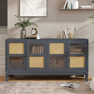 Retro 4-Door Sideboard With Large Storage Space Artificial Rattan Doors And Transparent Glass, Accent Cabinet For Entryway Dining Room Kitchen Living Room
