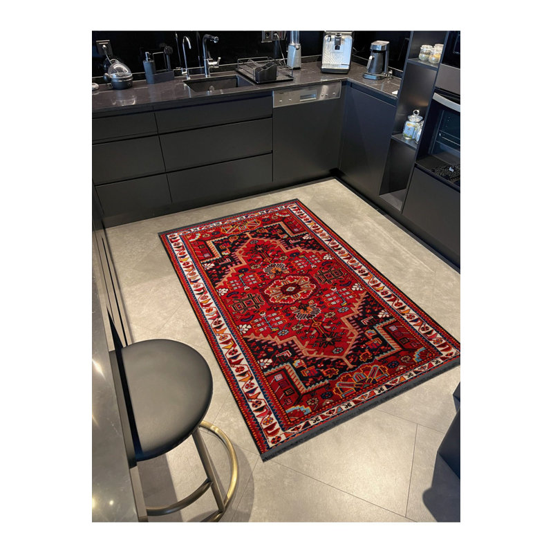 Black Traditional Ethnic Floral Vintage Decorative Machine Washable Area Rug, Rectangle 4'7" x 6'7"