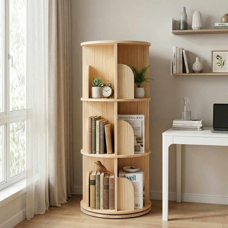 Bibliothèque rotative à 3 niveaux, bibliothèque sur pied ronde à 360 °, présentoir en bois pour espaces modernes, naturel