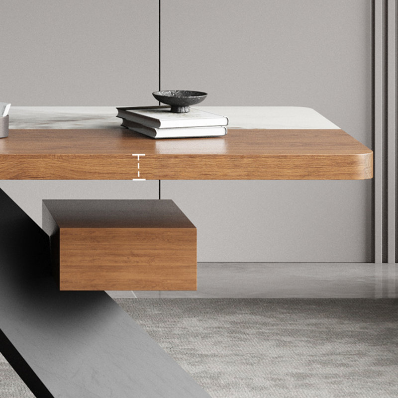 Bureau rectangulaire en bois massif + pierre + fer avec 4 tiroirs, Blanc/brun/noir, H 29,53 po x l 70,87 po x P 31,5 po