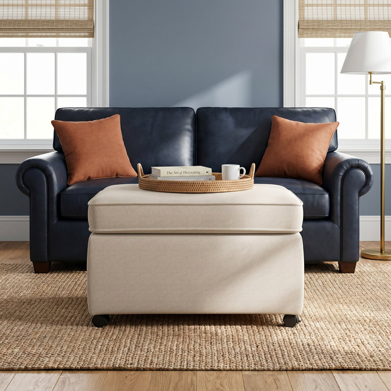 Rika Upholstered Ottoman, Drusky Linen Sustain® Basketweave