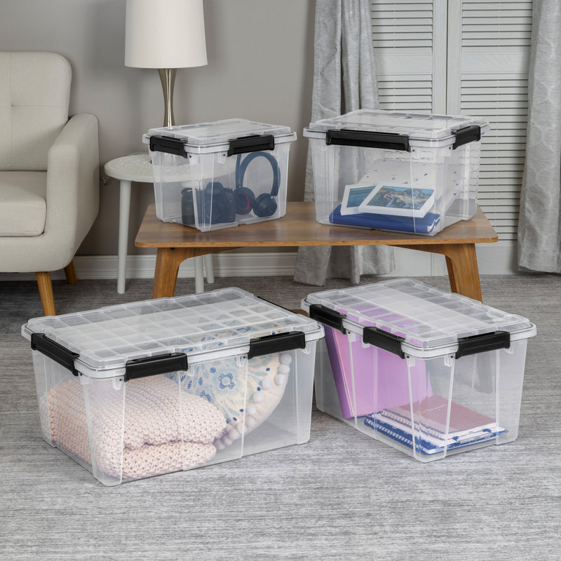 Sterilite 80 Qt Gasket Box, Stackable Storage Container with Lids, Black, 8 Pack