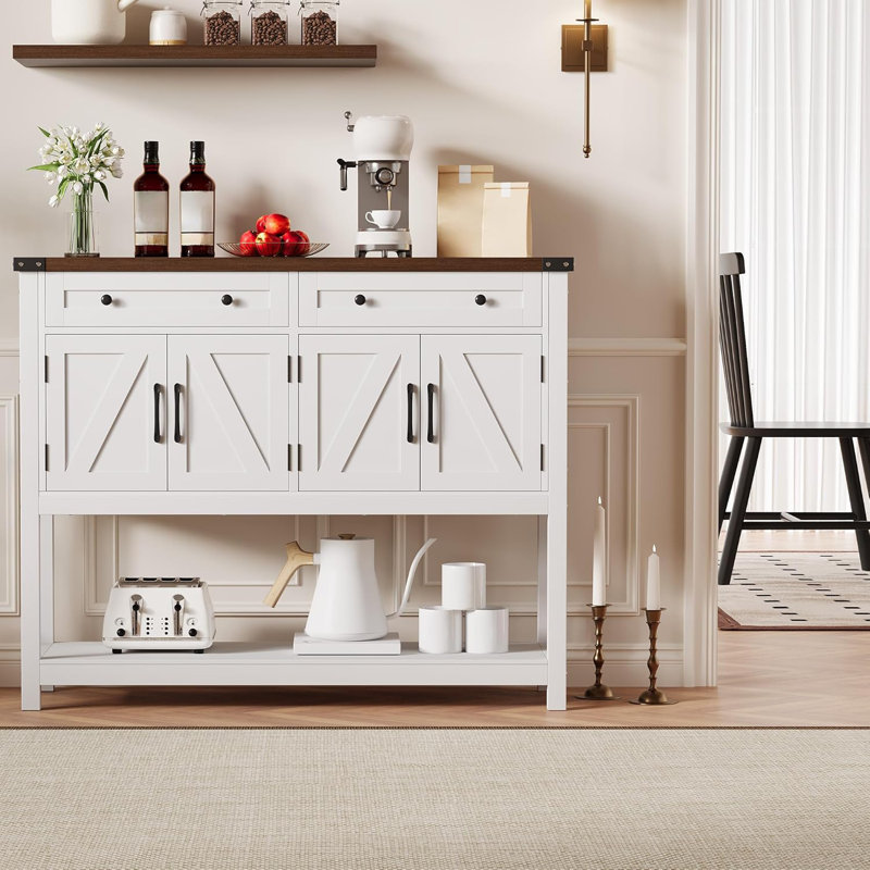 Buffet 47 pouces avec 4 portes de grange et tablette ouverte, console de rangement en bois, White