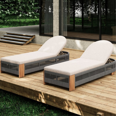 Bois, extérieur, chaise longue réglable, corde grise, fer naturel, conception respirante, patio extérieur, terrasse non rembourrée en bois pour 2 personnes avec fer et toute durabilité