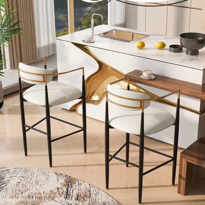 Tabourets de bar à hauteur de comptoir (de 2) - Cuir d'unité centrale beige et pieds en fer, Beige
