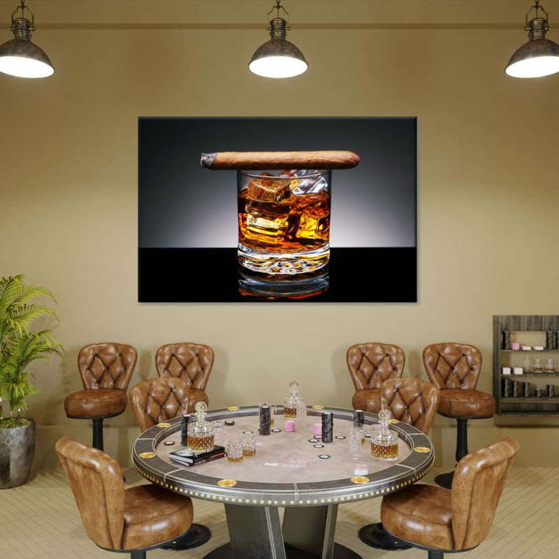 Cigare allumé sur whisky, reproduction sur toile, H 16 po x l 24 po x P 1,25 po