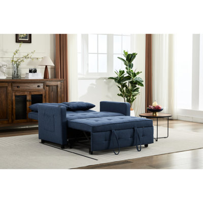 Canapé-lit convertible bleu marine en lin 31 avec ports et positions multiples pour appartement-lit avec lit escamotable pour deux poches latérales, salon résidentiel