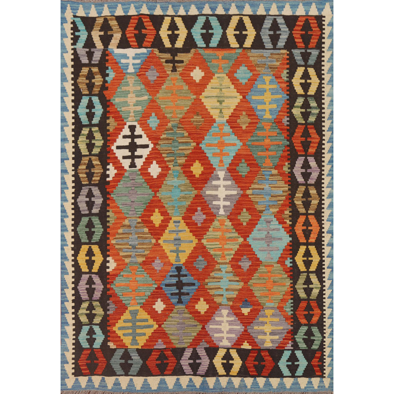 Geometric Kilim Reversible Wool Area Rug 5x6