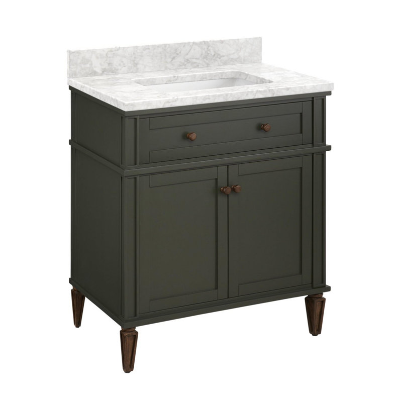 30" Elmdale Vanity for Rectangular Undermount Sink, Dark Olive Green, Carrara Marble, No Faucet Hole