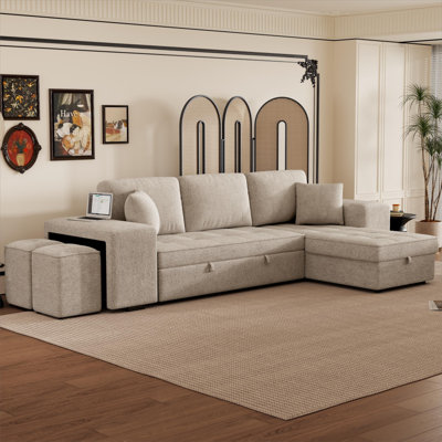 104.5" Modern Lshape 3 Seat Reversible Sectional Couch, Pull Out Sleeper Sofa With Storage Chaise And 2 Stools For Living Room Furniture Set, Charcoal Grey