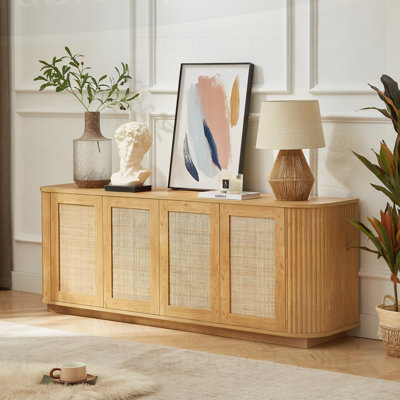 64-inch wave shaped TV stand, rounded corner sideboard, storage cabinet, buffet, wood vertical striped cabinet with rattan doors for kitchen/bedroom/e by Bay Isle Home