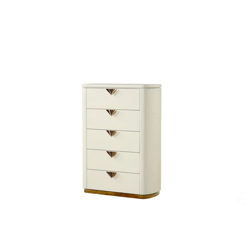 Commode à 5 tiroirs en bois, miroir à dessus ouvert et accents dorés