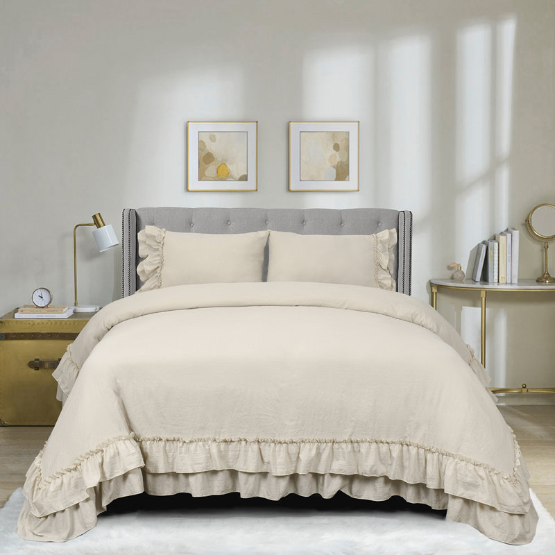 Ensemble de housse de couette pré-lavée ultra douce de taille 3 avec franges faites à la main, Chameau