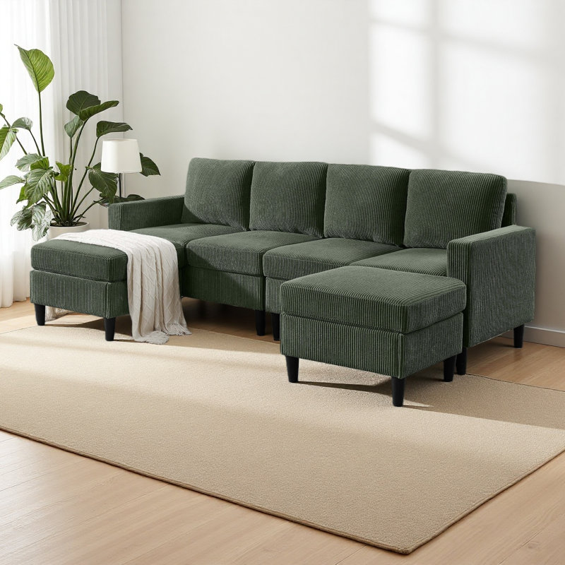 Upholstered Modular Sectional With 2 Ottomans, Dark Green