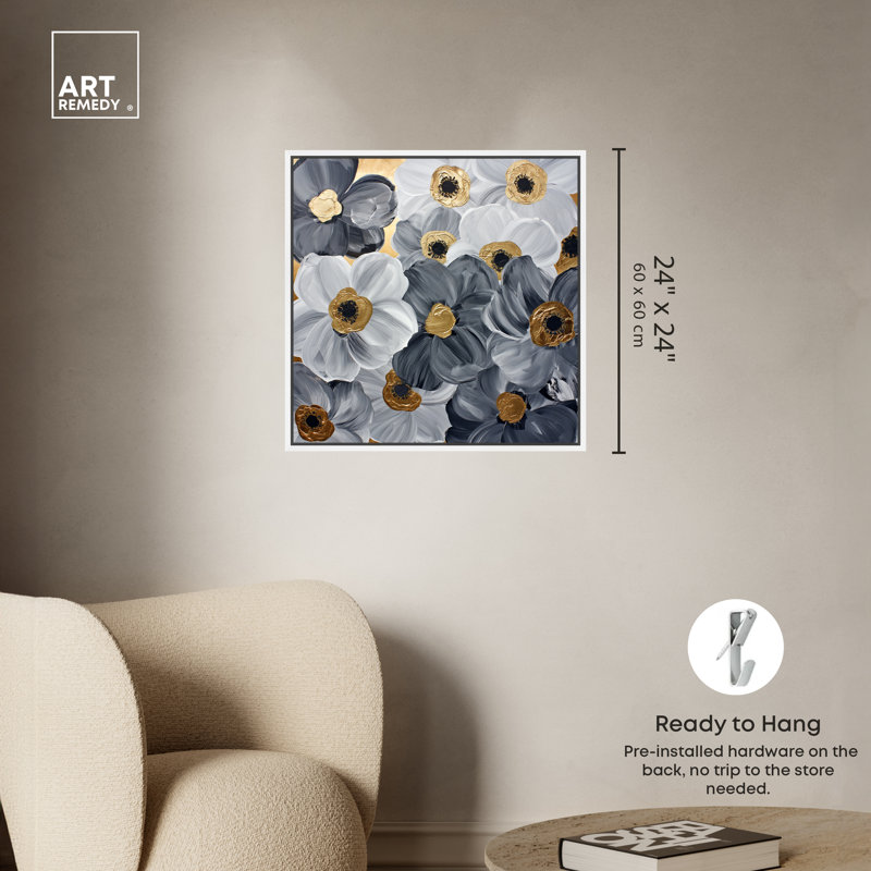 Gold and Gray Floral Canvas Print with White Frame, 25" x 25"