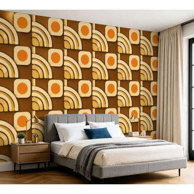 Papier peint adhésif autocollant rétro à motif de cercles orange géométriques bruns, papier autocollant amovible pour décoration de salon, chambre à coucher H 100 po x l 144 po