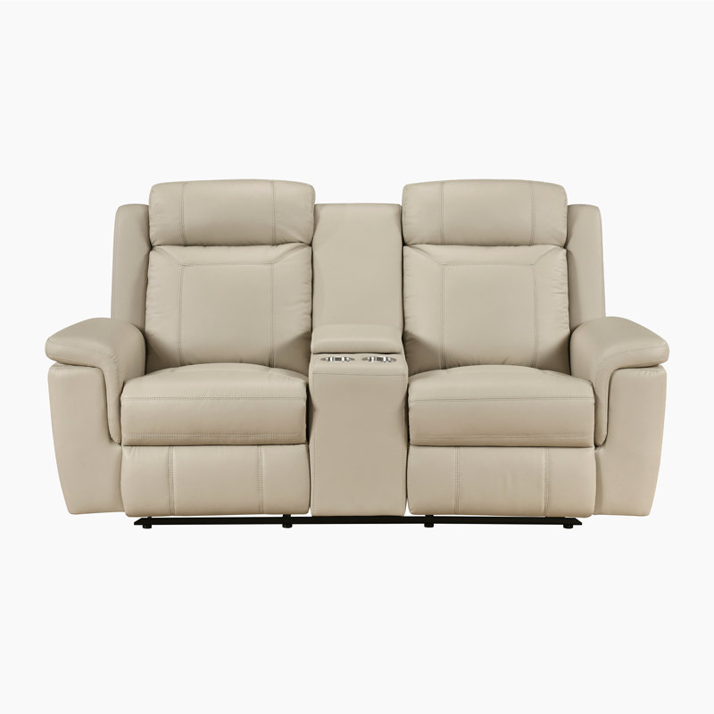 Causeuse inclinable manuelle en cuir fleur 75,5 "Elara avec console centrale, prises de courant intégrées et conception à fixation murale